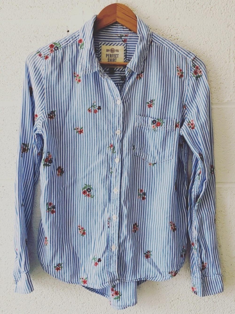 Blue & White Striped Button-Down Shirt with Floral 💐Embroidery